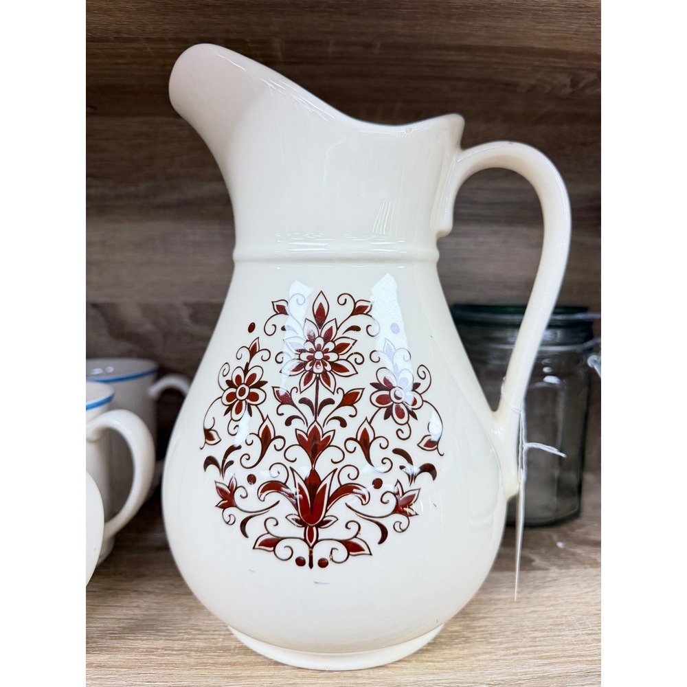 Cream Ceramic Floral Pitcher Brown Botanical Medallion Farmhouse Decor Vase